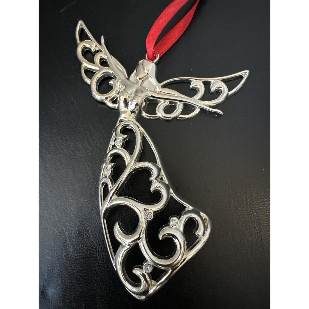 Lenox Dancing Angel‎ Christmas 5" Ornament Silver w/ Scrolls & Clear Rhinestones